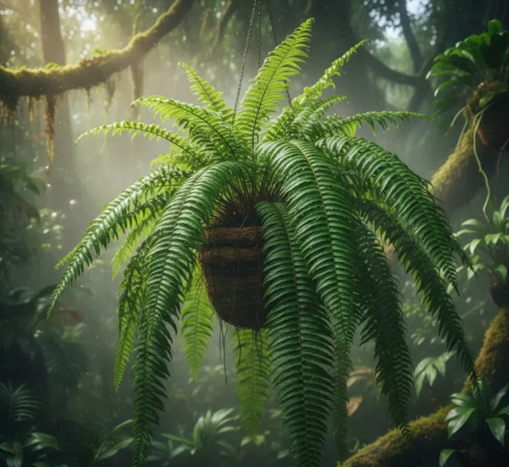 Samambaia verde vibrante com folhas longas e saudáveis, cercada por névoa suave em um ambiente que simula uma floresta tropical.
