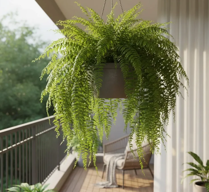 Samambaia verde vibrante pendurada em uma varanda com luz natural, transmitindo frescor e vida.