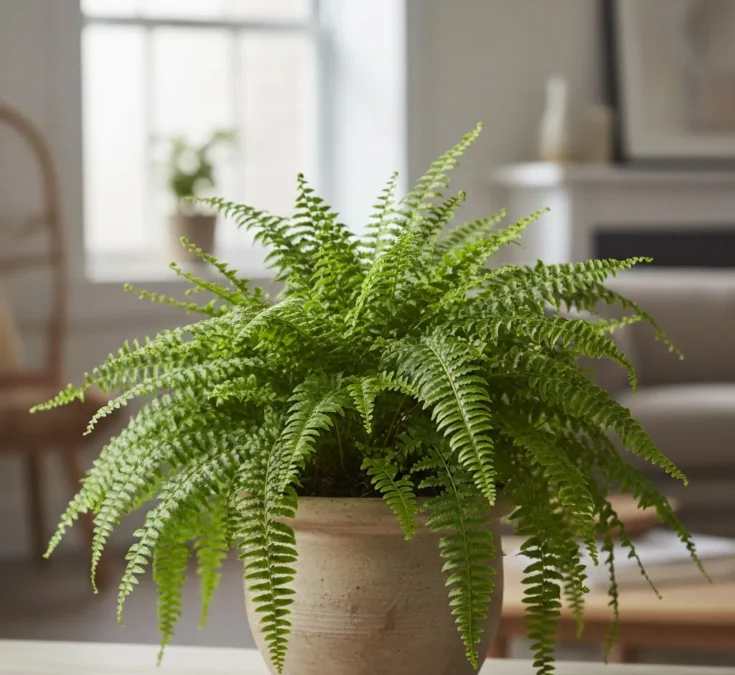 Uma samambaia densa e verde, plantada em um vaso de cerâmica marrom claro, com folhas pendentes e saudáveis, sobre um fundo levemente desfocado de uma sala com luz natural indireta, focando na beleza ornamental da planta.
