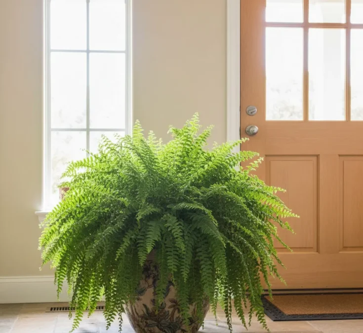 Uma samambaia verde e volumosa em um vaso de chão, estrategicamente posicionada próxima a uma porta de entrada de madeira clara, em um hall de entrada bem iluminado.