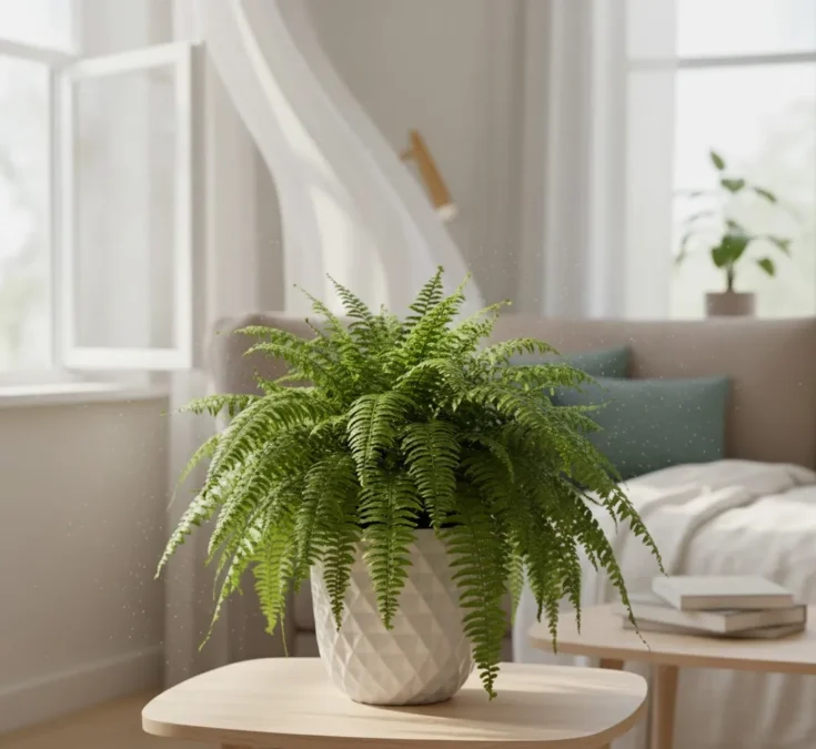 Samambaia verde vibrante em um quarto moderno e aconchegante, com uma janela aberta promovendo ventilação.