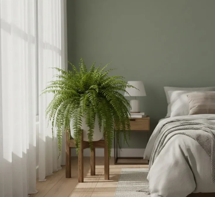 Samambaia verde vibrante em um quarto moderno com luz natural, próximo a uma janela com cortina, destacando sua adaptabilidade.