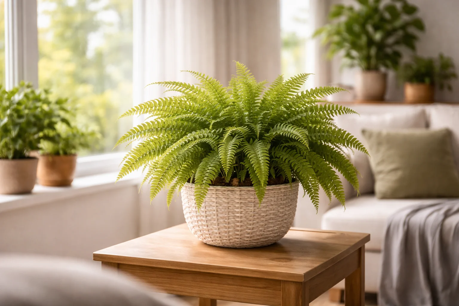 Samambaia saudável em luz indireta dentro da sala