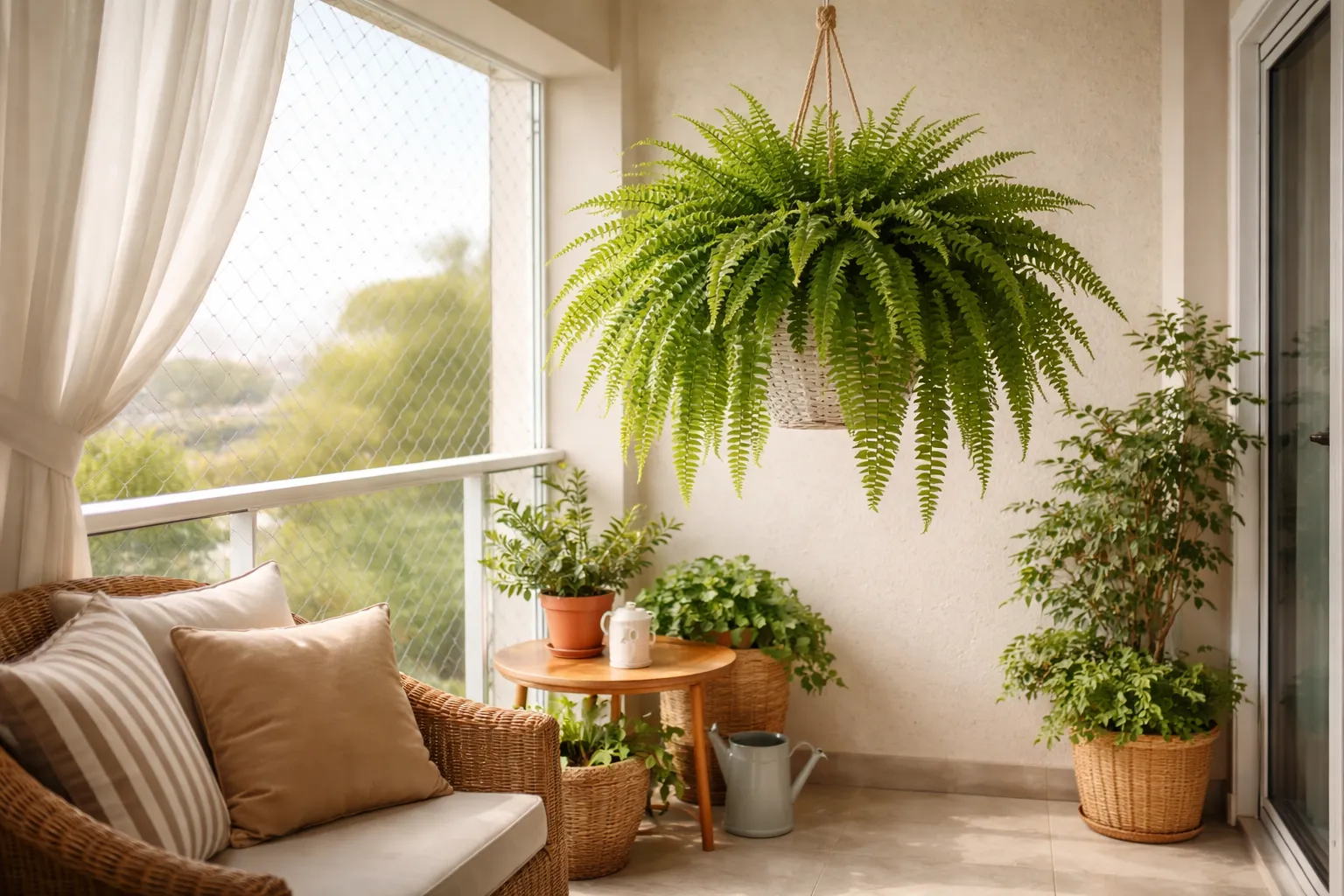 Samambaia pode ficar na varanda com luz indireta e vaso suspenso