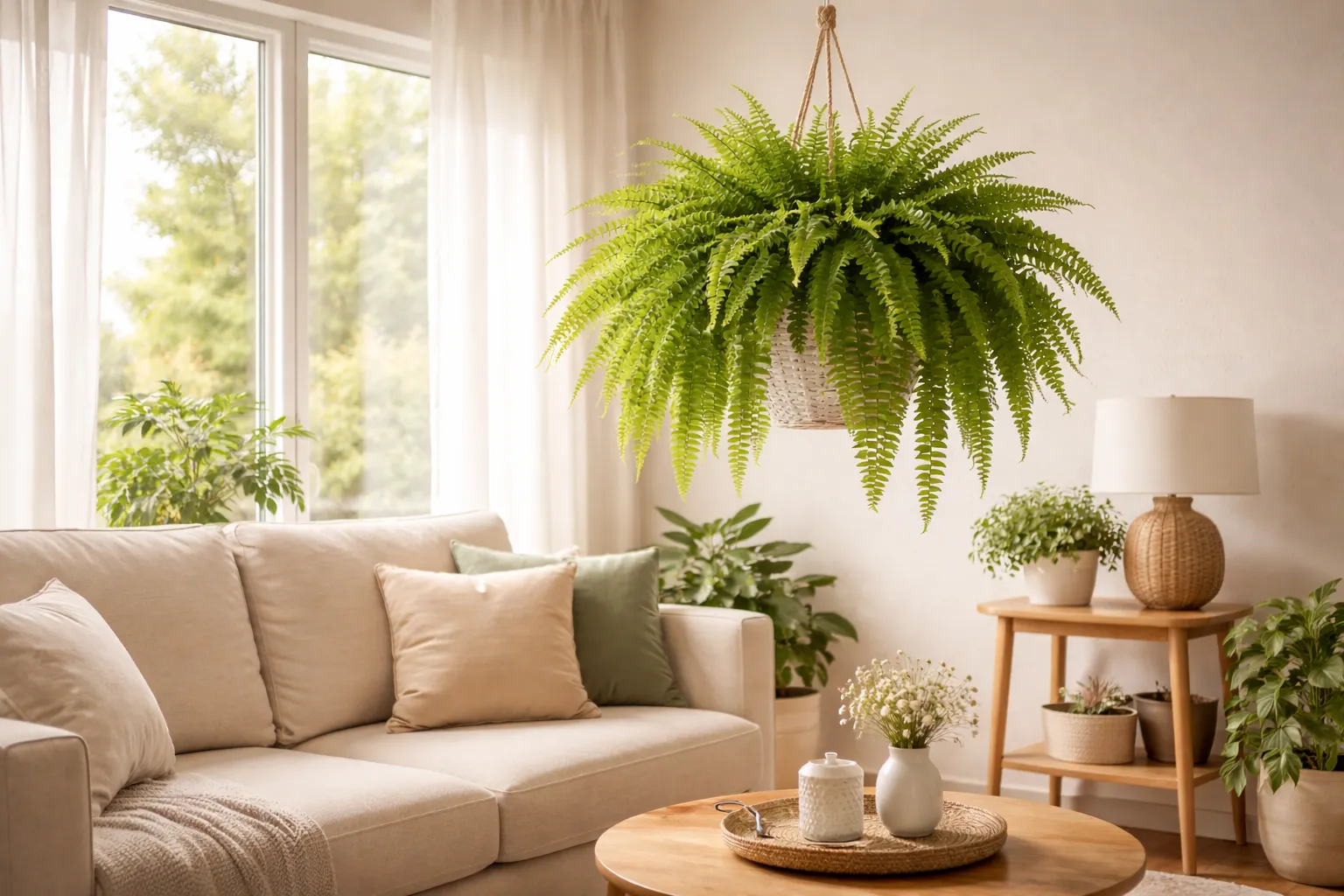 Samambaia purifica o ar em sala iluminada com luz indireta