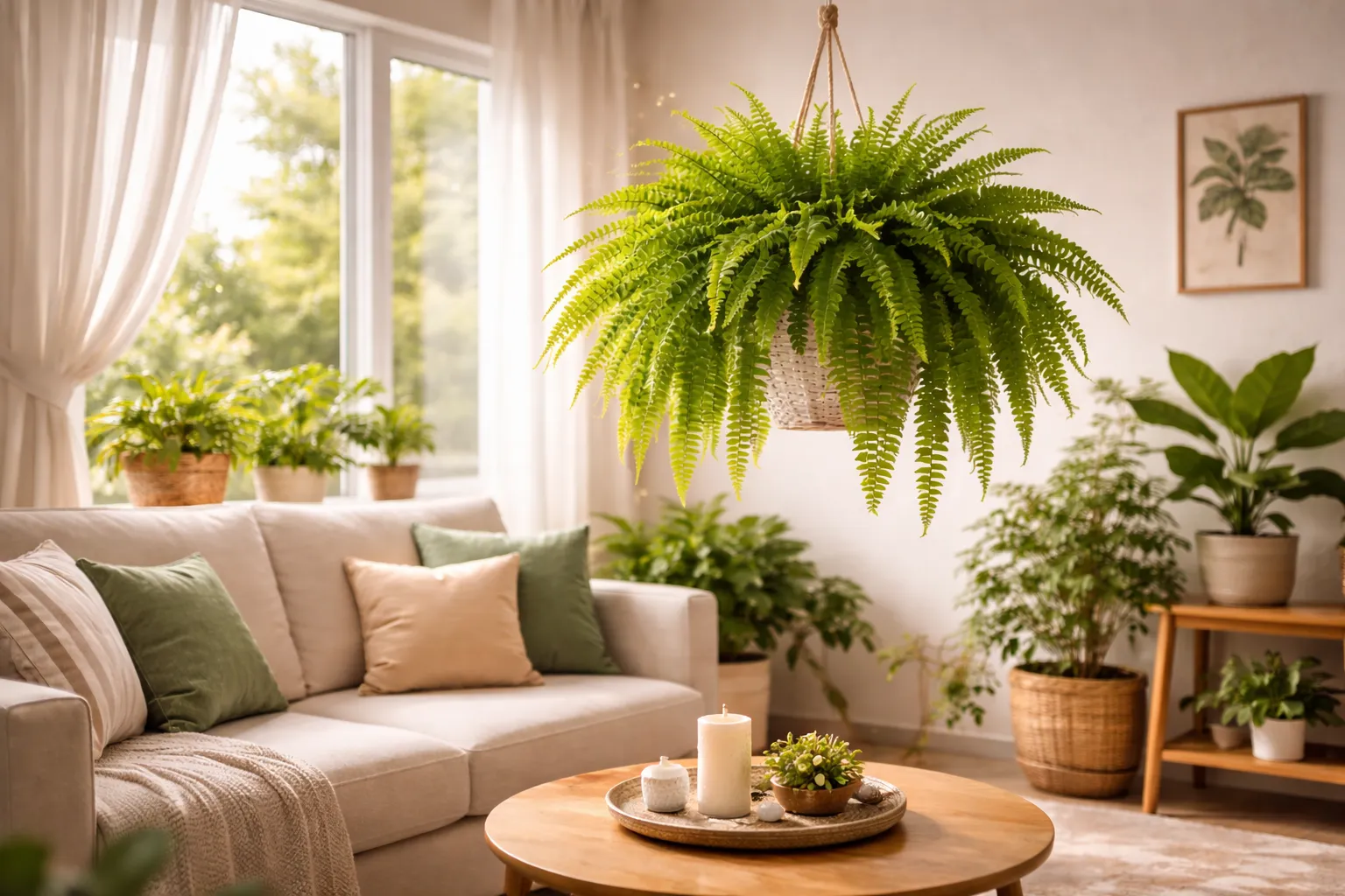 Samambaia atrai boas energias decorando sala de estar iluminada