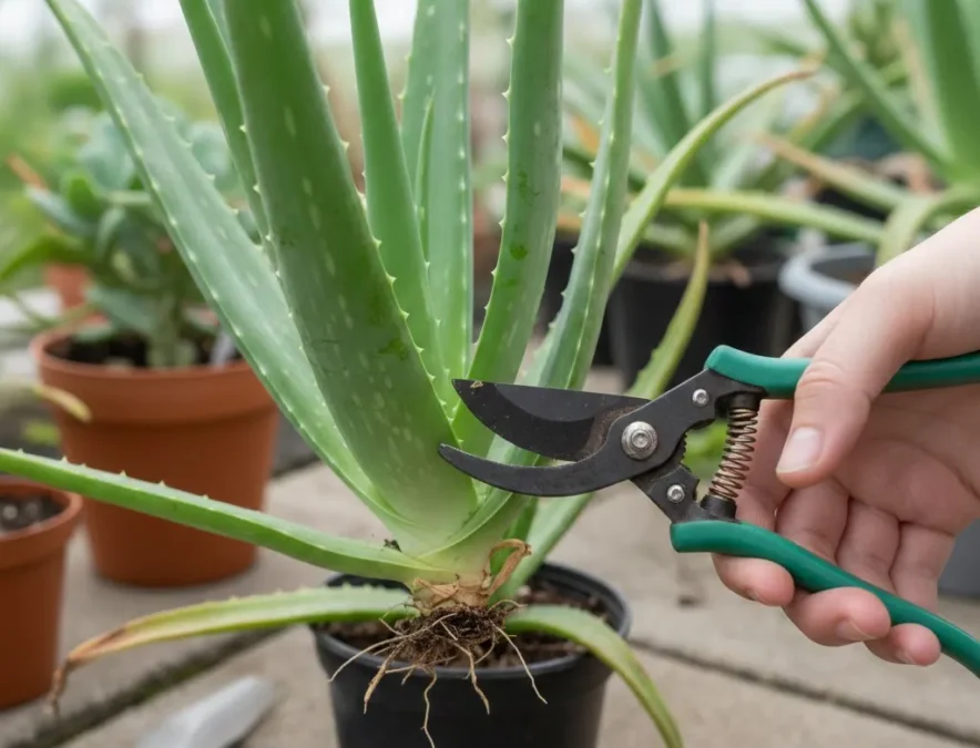 Pessoa usando tesoura de poda esterilizada para separar cuidadosamente um broto lateral da planta-mãe de babosa, com foco nas raízes e no corte limpo.