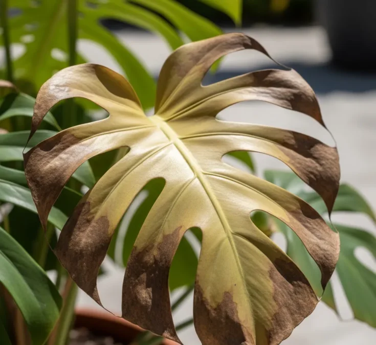 Folhas de Costela-de-adão com manchas marrons e amareladas, indicando queimaduras solares e estresse por calor.