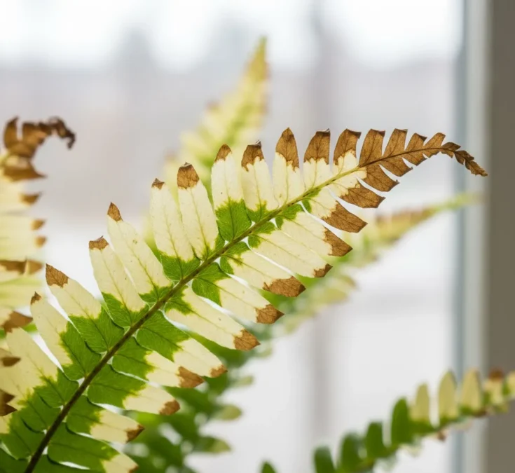 Close-up de folhas de samambaia apresentando manchas amareladas e pontas secas e marrons, indicando exposição excessiva ao sol.