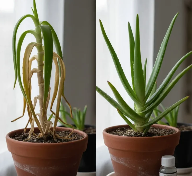 Uma planta de babosa apresentando sinais de estresse, como folhas moles, amareladas ou finas, em contraste com uma babosa saudável.