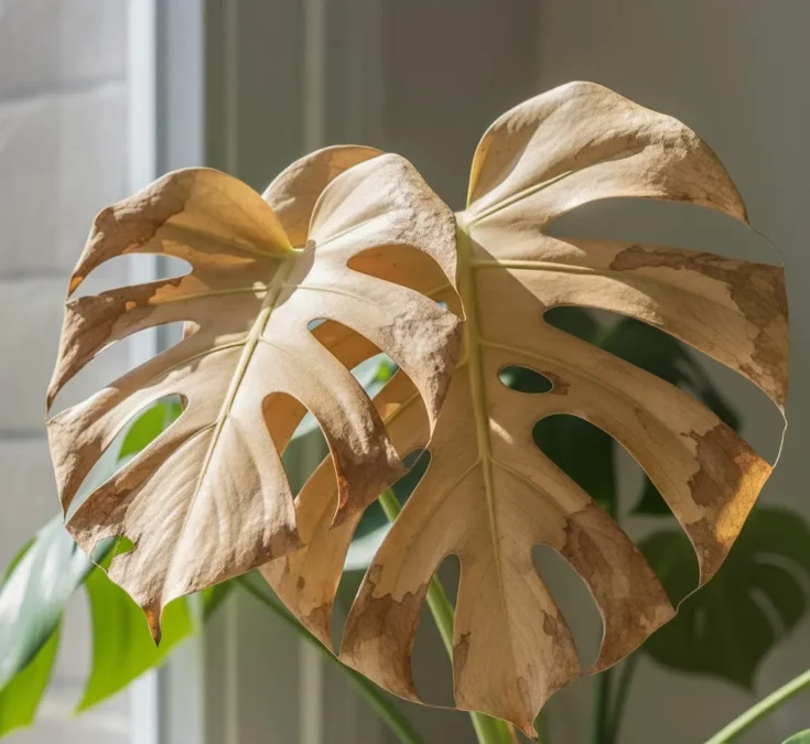 Close-up de folhas de Costela-de-adão (Monstera deliciosa) exibindo manchas marrons, amarelamento e bordas ressecadas, indicando claramente os danos causados por exposição excessiva ao sol direto.
