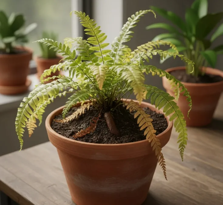 Samambaia com folhas amareladas e secas, plantada em um vaso com terra escura e compactada, indicando problemas de saúde devido ao substrato incorreto.