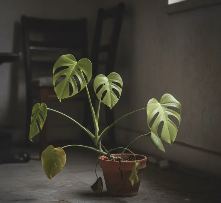 Uma planta Costela-de-adão (Monstera Deliciosa) com folhas pequenas, verdes claras e sem os recortes característicos, indicando falta de luz e crescimento deficiente.