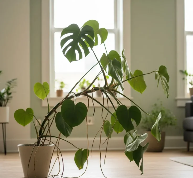Costela-de-adão adulta sem tutor, com o caule visivelmente inclinado e várias folhas pequenas e sem recortes (fenestrações), indicando falta de suporte.