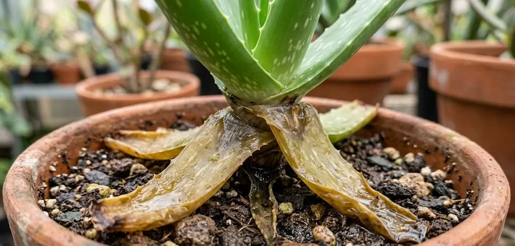 Close-up macro da base de uma planta de Babosa (Aloe vera) mostrando as folhas inferiores moles, encharcadas e com descoloração amarelada-marrom devido à podridão radicular por excesso de água. Estilo realista.