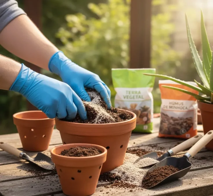 Mãos misturando terra vegetal, areia grossa e húmus em um vaso com furos de drenagem, pronto para receber a muda de babosa.