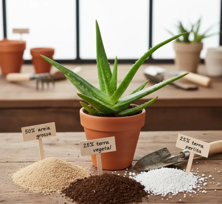 Perto de uma babosa, diferentes tipos de substrato são dispostos, como areia grossa, terra vegetal e perlita, demonstrando a mistura ideal para o cultivo.