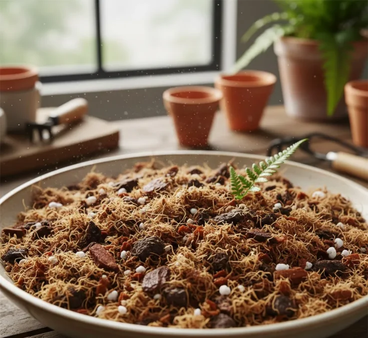 Imagem de perto de um substrato ideal para samambaia, composto por fibra de coco, húmus de minhoca e casca de pinus, mostrando sua textura leve e aerada.