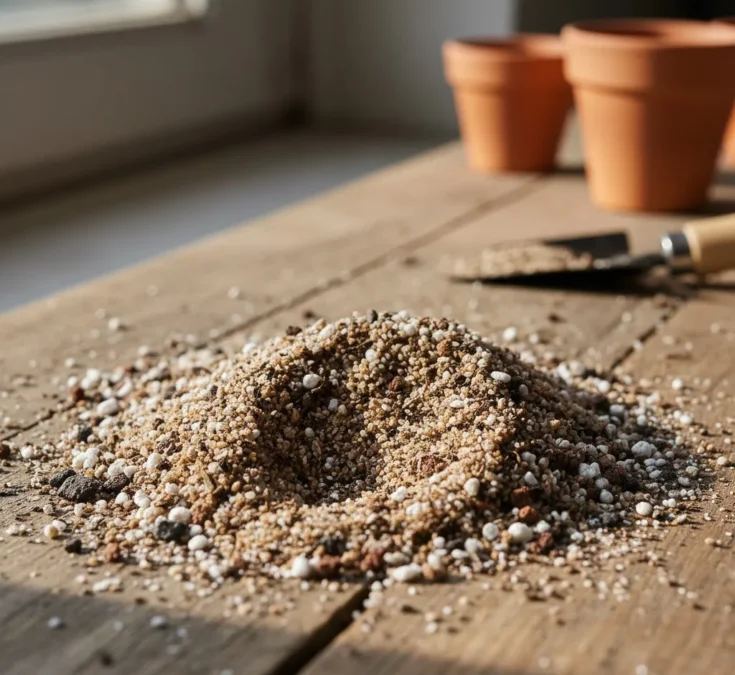 Uma mistura de substrato específica para cactos, contendo areia grossa, perlita e terra vegetal em pouca quantidade, demonstrando a textura aerada e drenável.