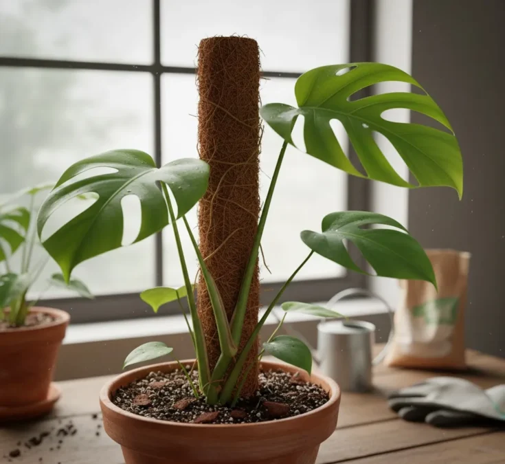 Uma jovem planta Costela-de-adão recém-plantada em um vaso, com um tutor de fibra de coco inserido no solo para apoiar seu crescimento vertical. As raízes aéreas começam a se desenvolver e se fixar ao tutor, imitando seu habitat natural.