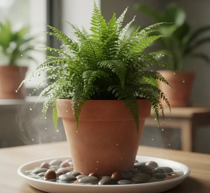 Vaso de samambaia sobre um prato com pedrinhas e água, demonstrando uma técnica para aumentar a umidade ao redor da planta.