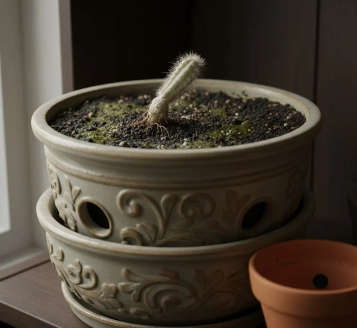 Cacto pequeno e fino em um vaso grande e decorativo, com solo úmido e raízes expostas, contrastando com um vaso de barro com drenagem ao lado.