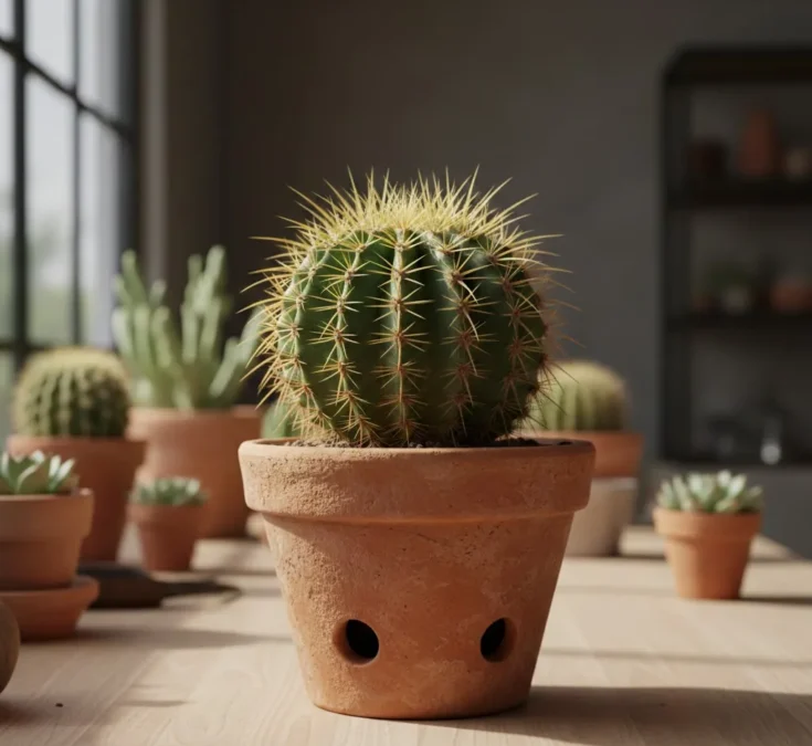 Cacto verde em um vaso de barro poroso com furos de drenagem, sobre uma superfície clara.