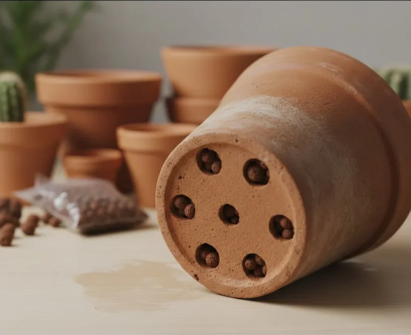 Um vaso de barro com furos de drenagem visíveis e uma camada de argila expandida no fundo, preparando o ambiente para o plantio de cactos.