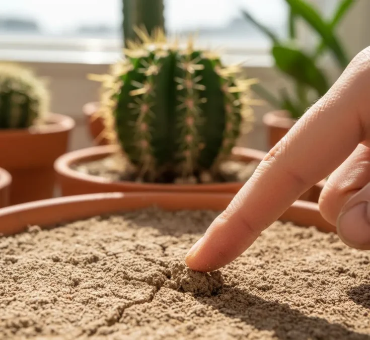 Mão inserindo dedo no solo seco de um vaso com cacto.
