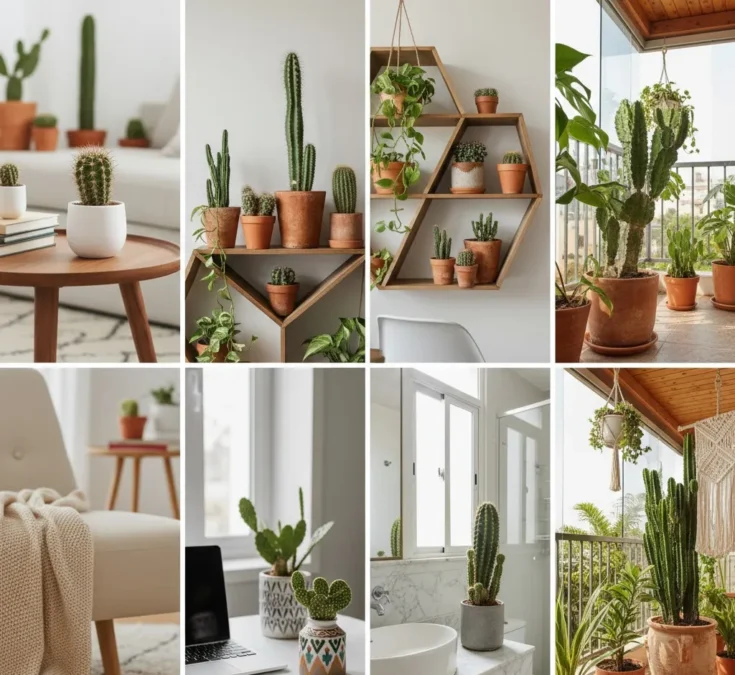 Cactos decorando mesas de centro, estantes, home office, banheiro e varanda, mostrando a versatilidade da planta.