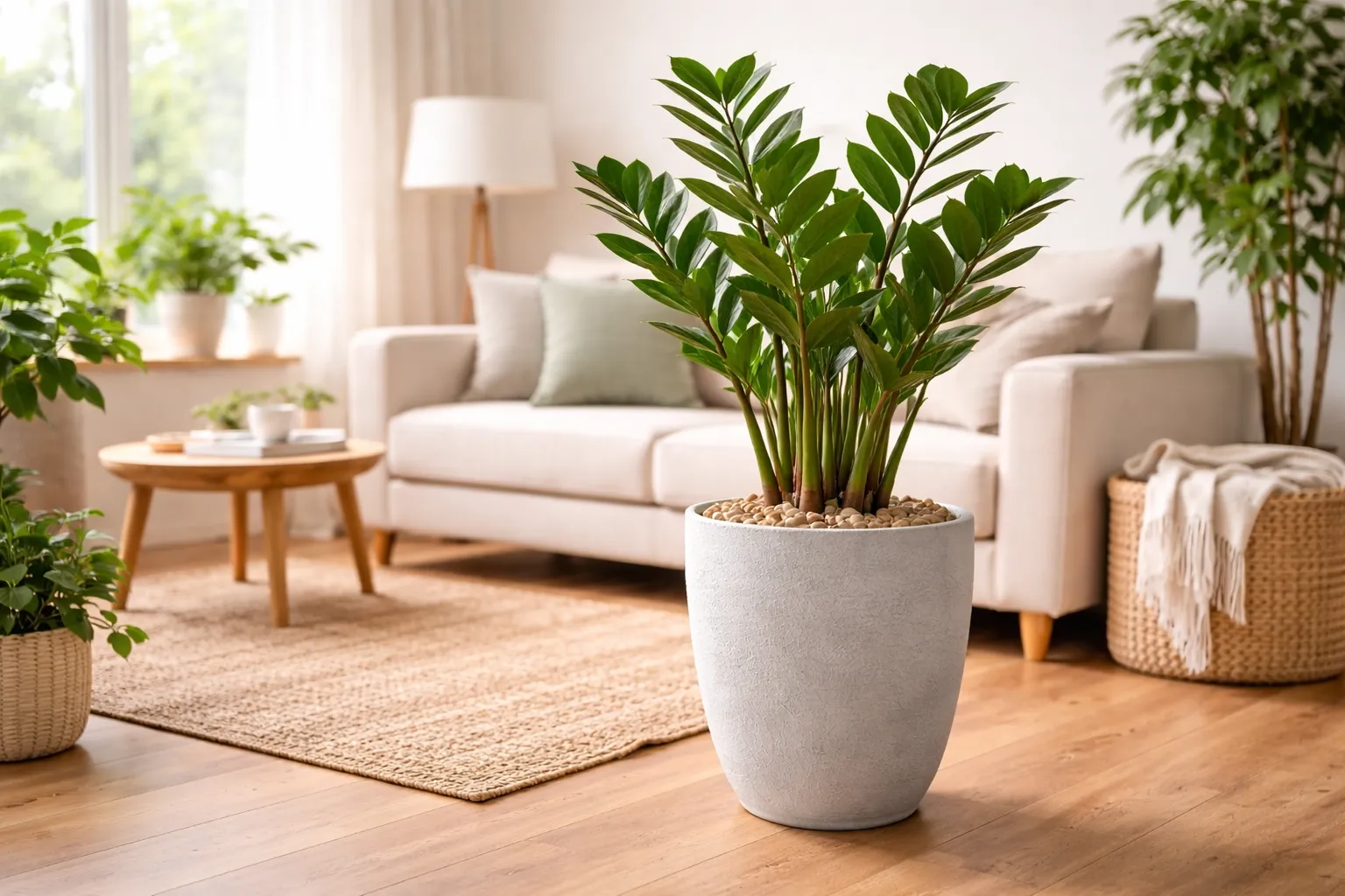 Quanto tempo vive uma zamioculca? 10 a 20 anos saiba mais: planta zamioculca grande em vaso sobre piso de madeira em ambiente interno claro