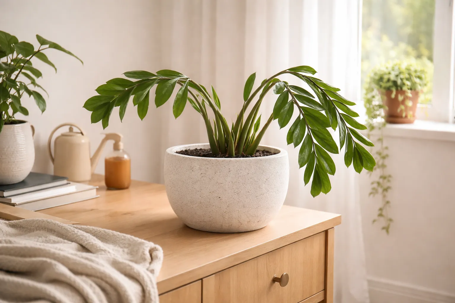 Planta zamioculca levemente murcha em vaso de cerâmica sobre aparador interno com iluminação indireta