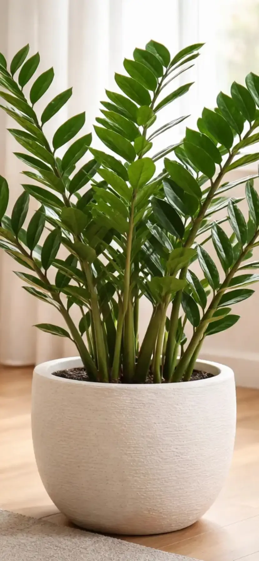 Planta zamioculca em vaso branco decorativo posicionada em sala moderna com luz indireta natural