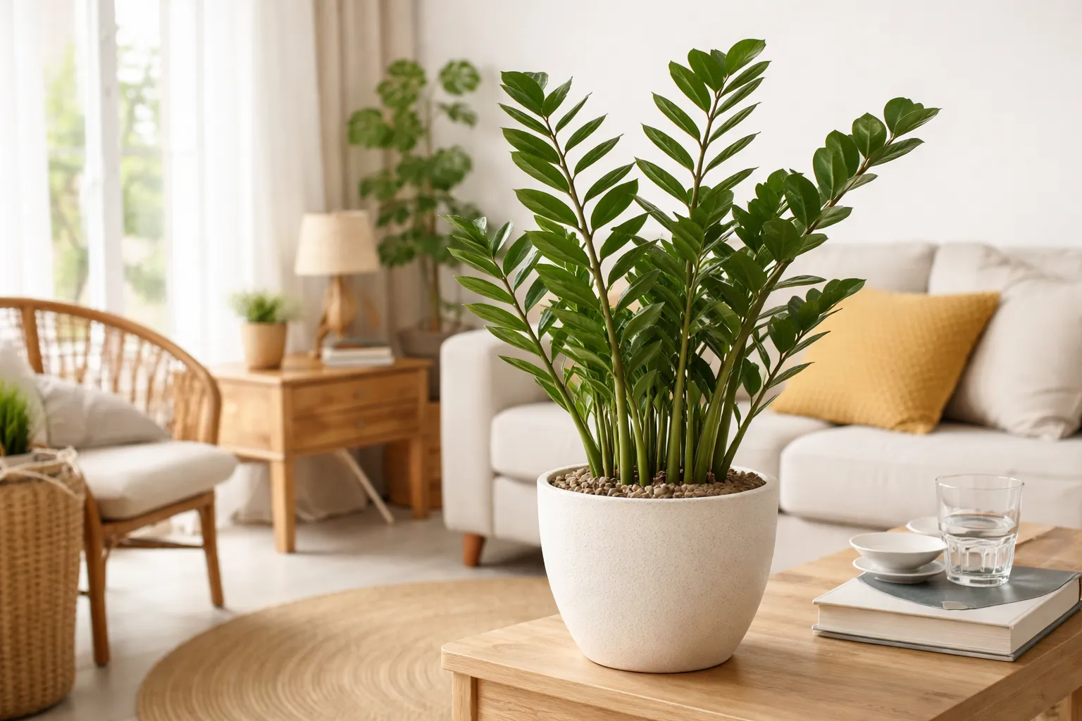 planta zamioculca em vaso dentro de casa com luz indireta próxima à janela