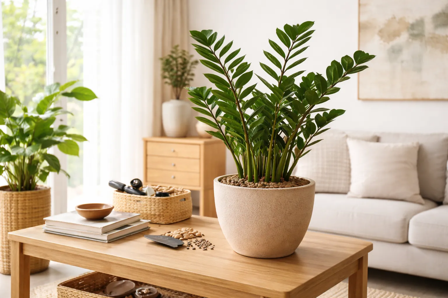 Qual o melhor vaso para zamioculca: zamioculca em vaso de barro sobre aparador de madeira próximo a janela com luz natural