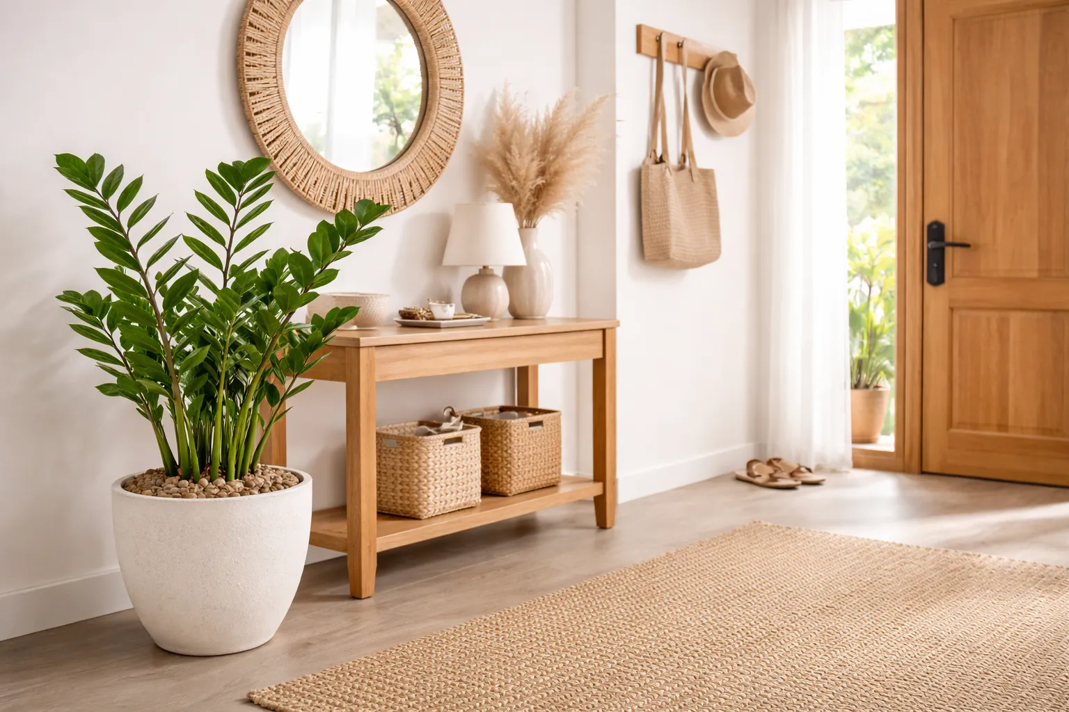 Qual o significado da zamioculca: planta zamioculca posicionada perto da porta de entrada em ambiente interno