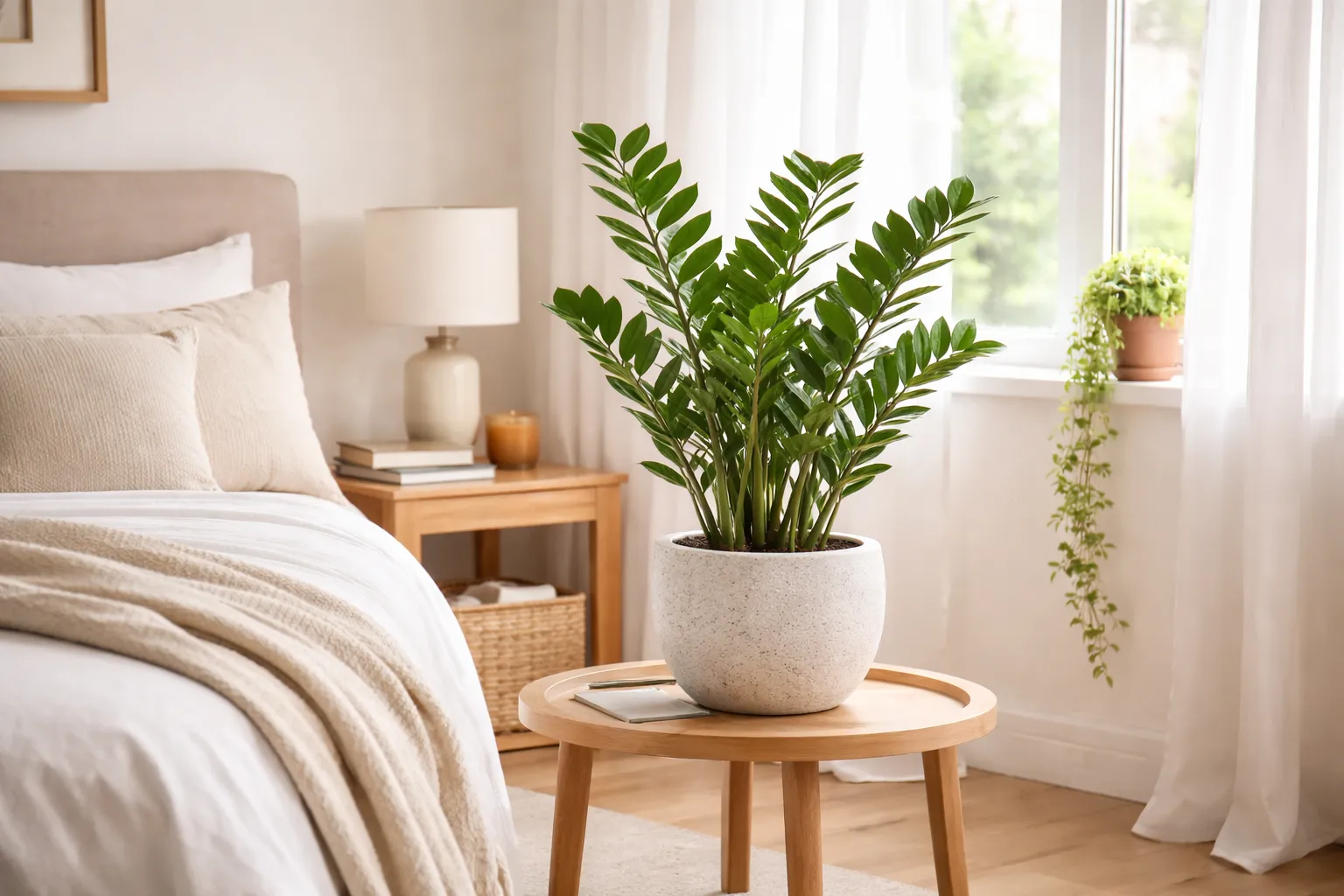 Planta zamioculca em vaso cerâmico sobre mesa lateral em quarto bem iluminado com cortina translúcida