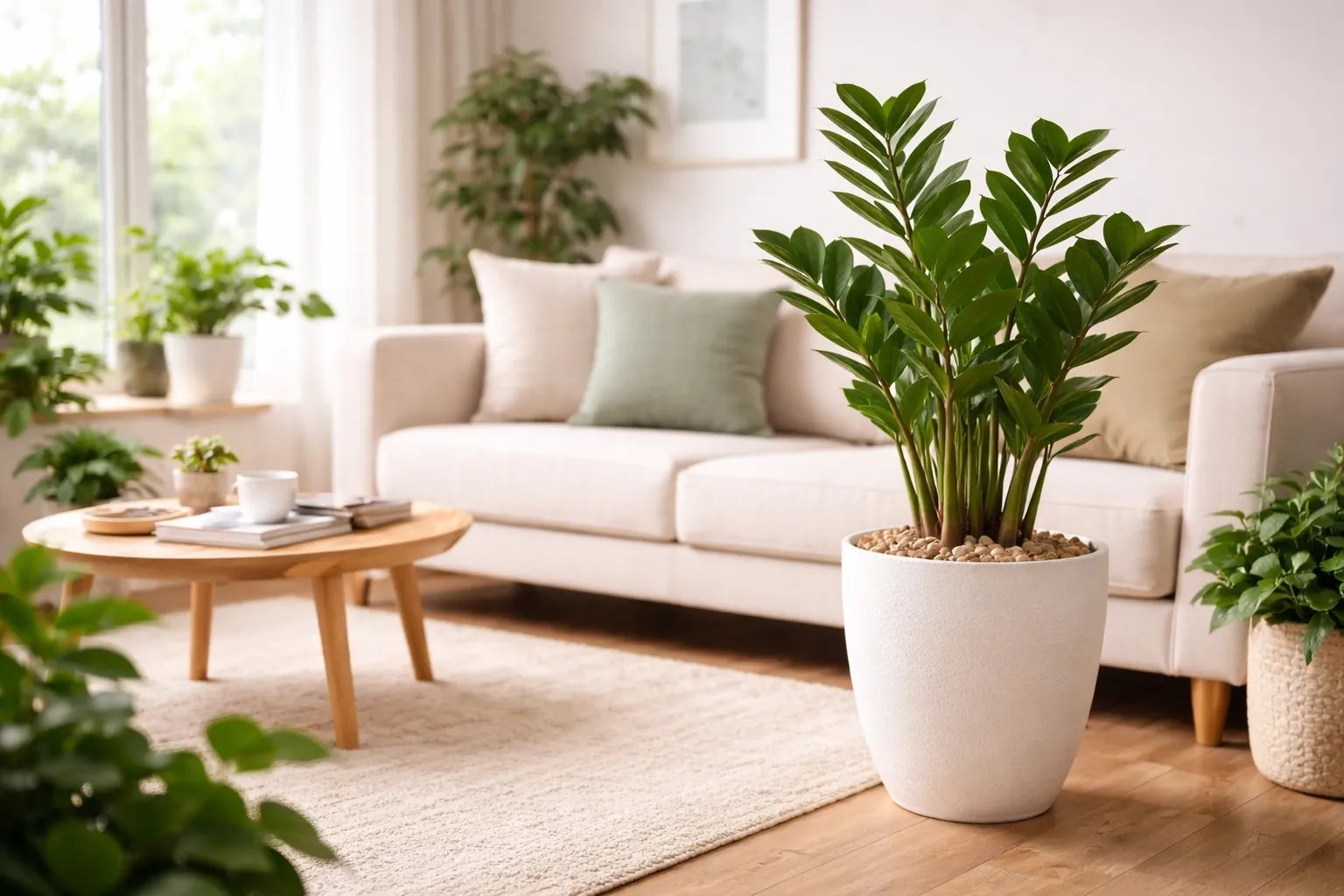 A zamioculca combina com que tipo de decoração: planta zamioculca em vaso de cerâmica ao lado de sofá em ambiente interno iluminado e decorado