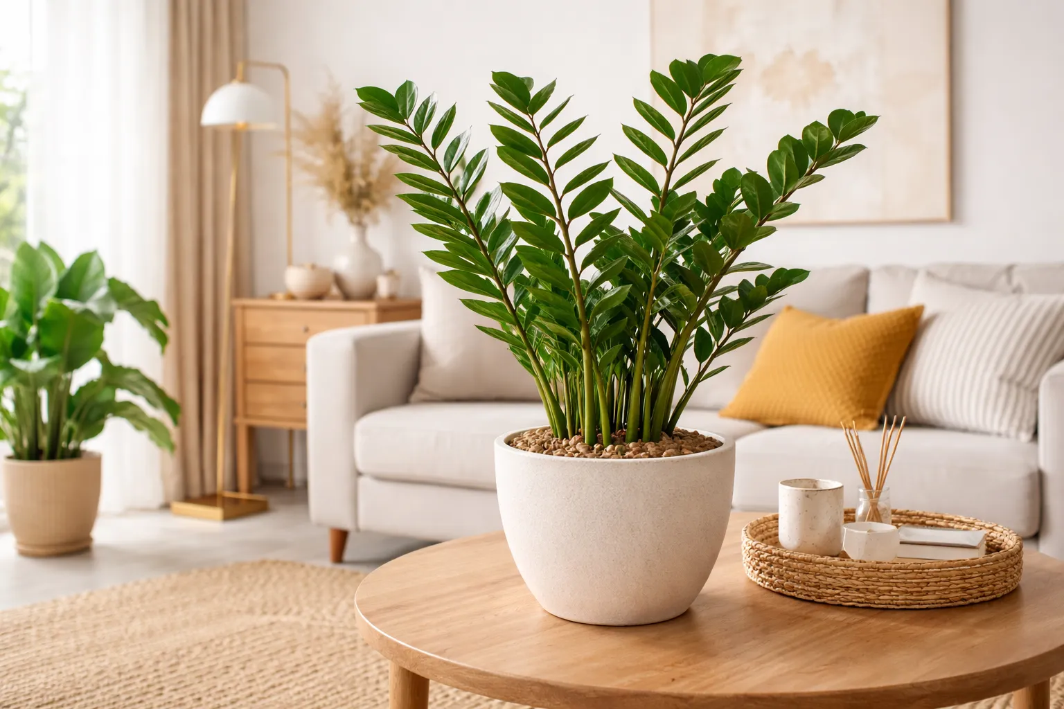 A zamioculca é considerada planta ornamental: planta zamioculca em vaso decorativo dentro de casa