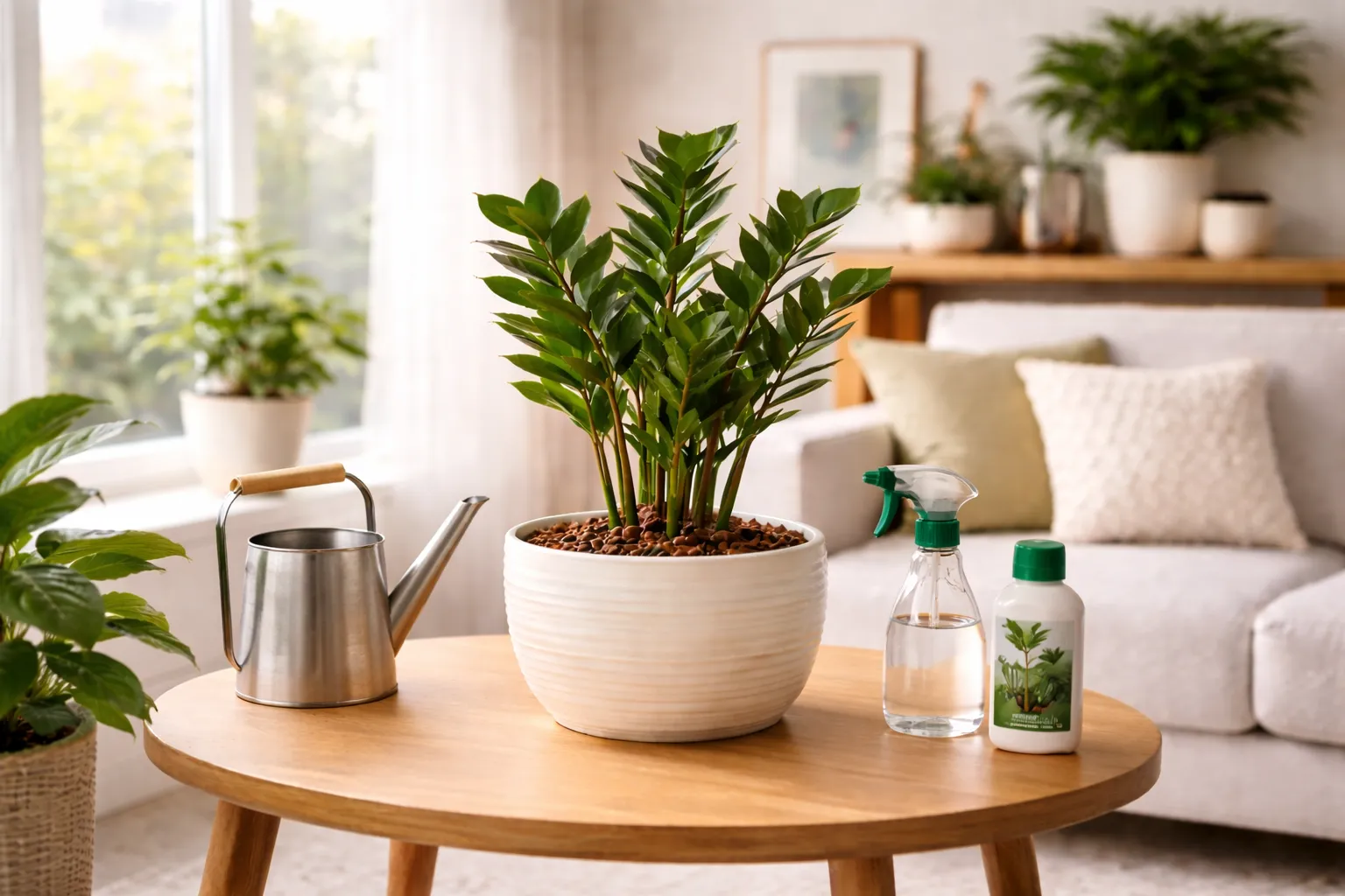 Zamioculca cultivada em vaso sobre mesa de madeira em sala iluminada, com regador e produtos para cuidados diários da planta