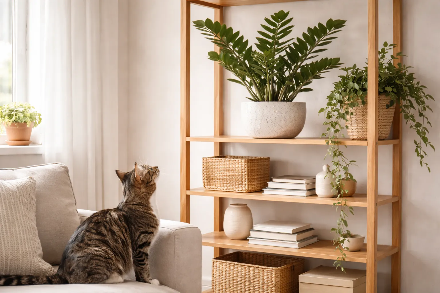 Planta zamioculca posicionada em prateleira elevada enquanto um gato olha de baixo em sala moderna