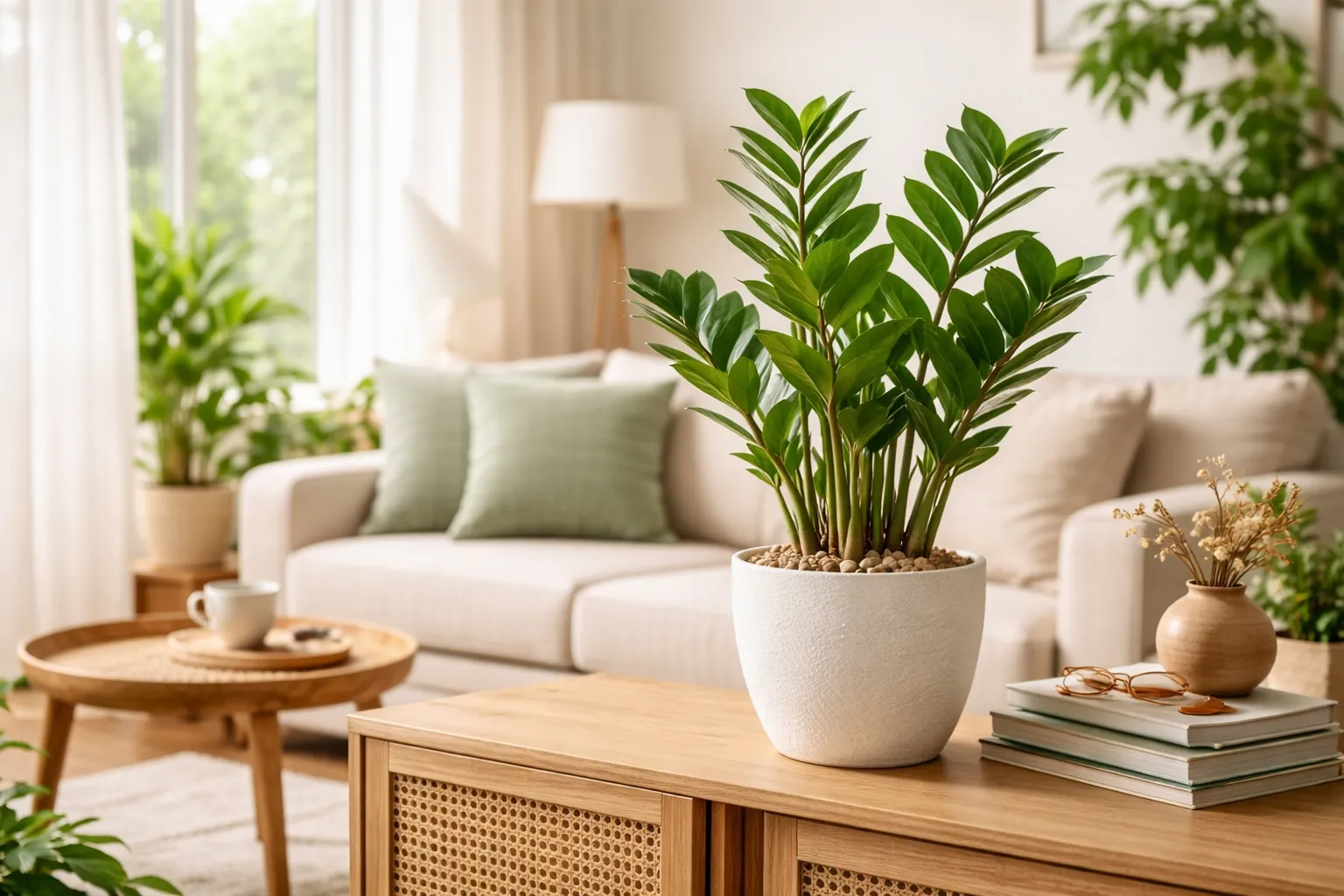 vaso de zamioculca em rack de madeira dentro de sala clara com cortina filtrando a luz natural