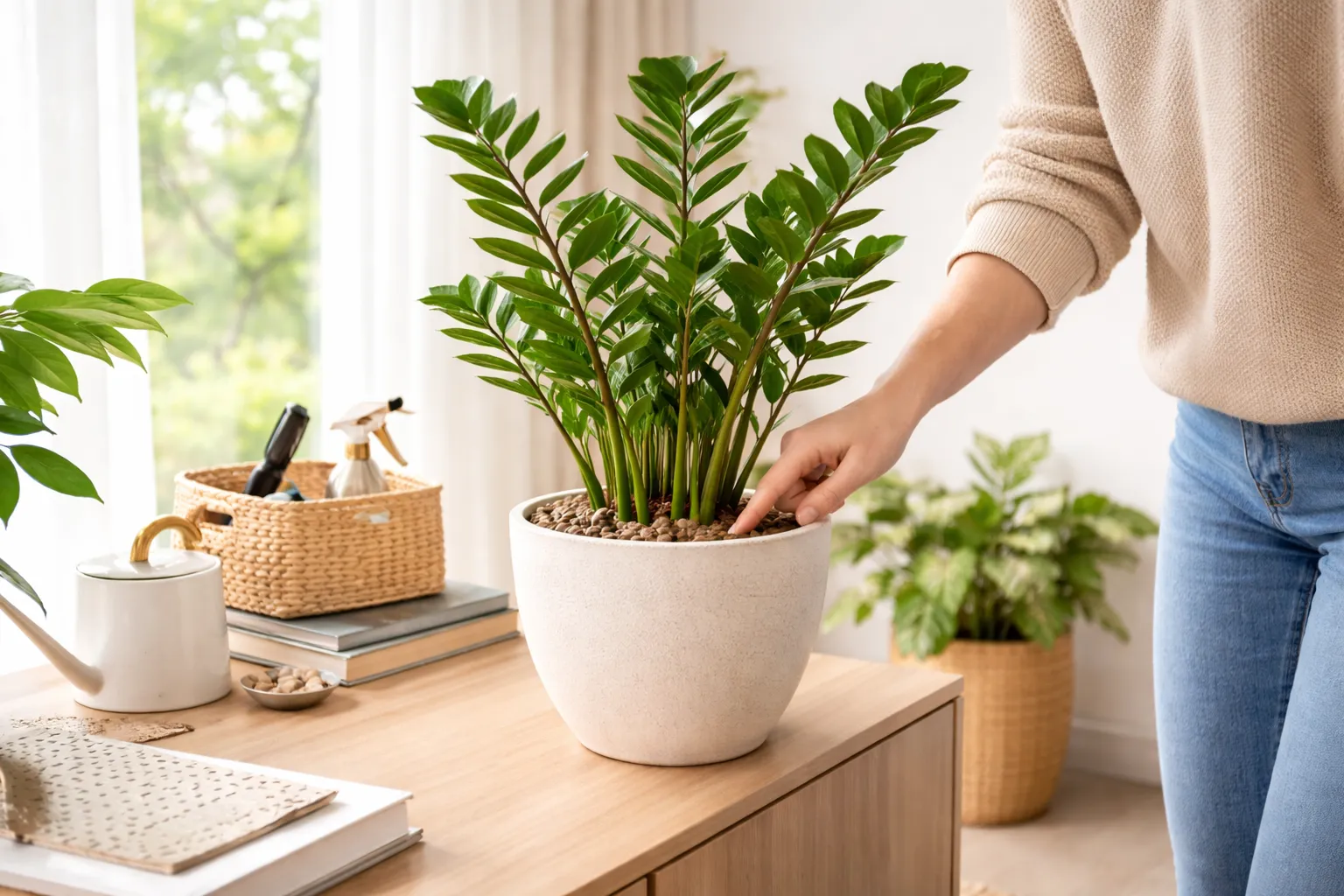 Com que frequência devo regar a zamioculca: pessoa verificando o solo seco de uma zamioculca em vaso decorativo dentro de um apartamento