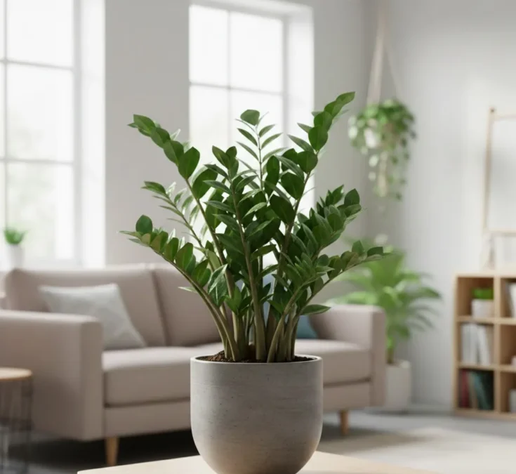Uma zamioculca com folhagem verde escura e brilhante em um vaso decorativo, posicionada em uma sala iluminada, indicando saúde e longevidade da planta.