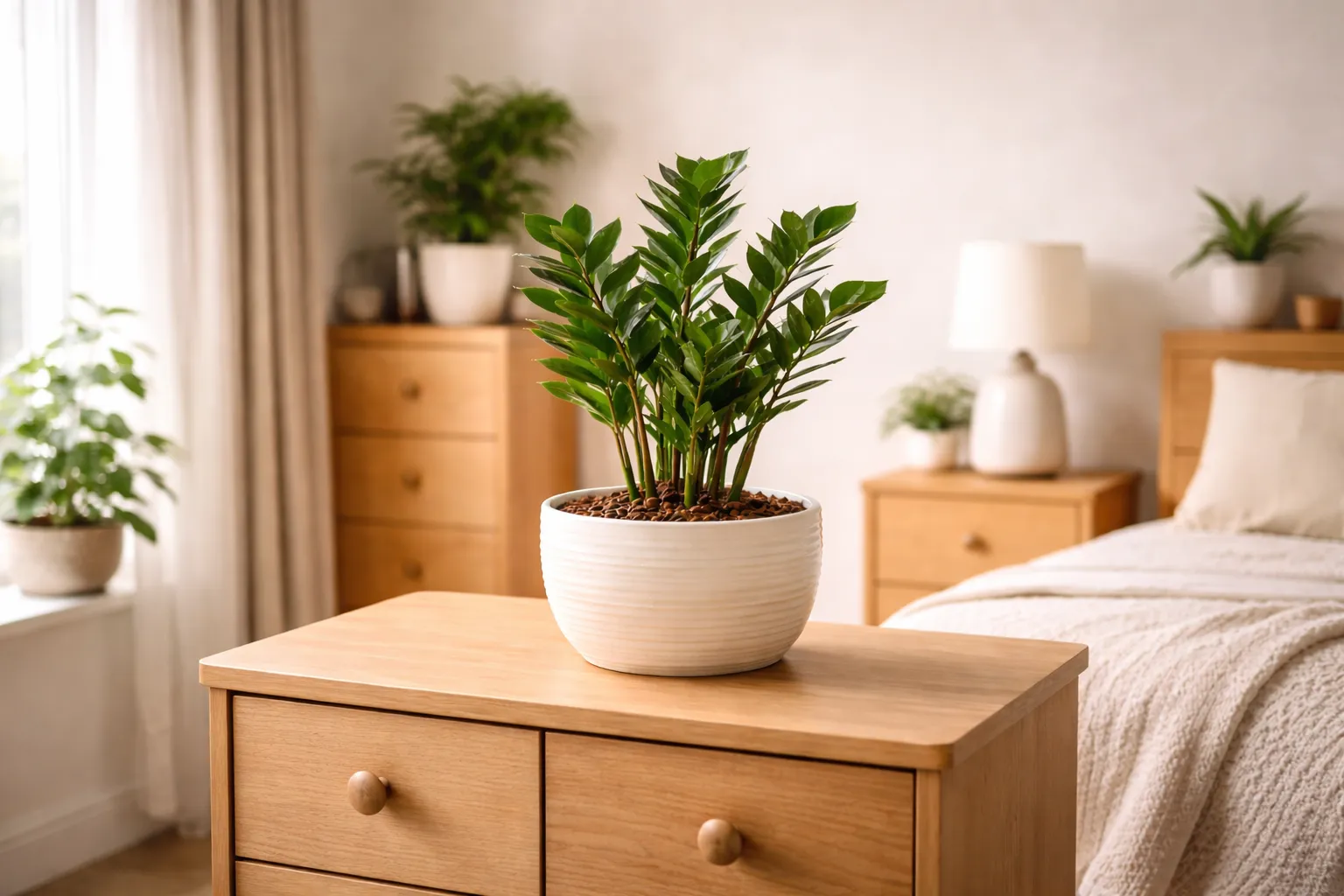 zamioculca com folhas verdes e brilhantes em vaso de interior