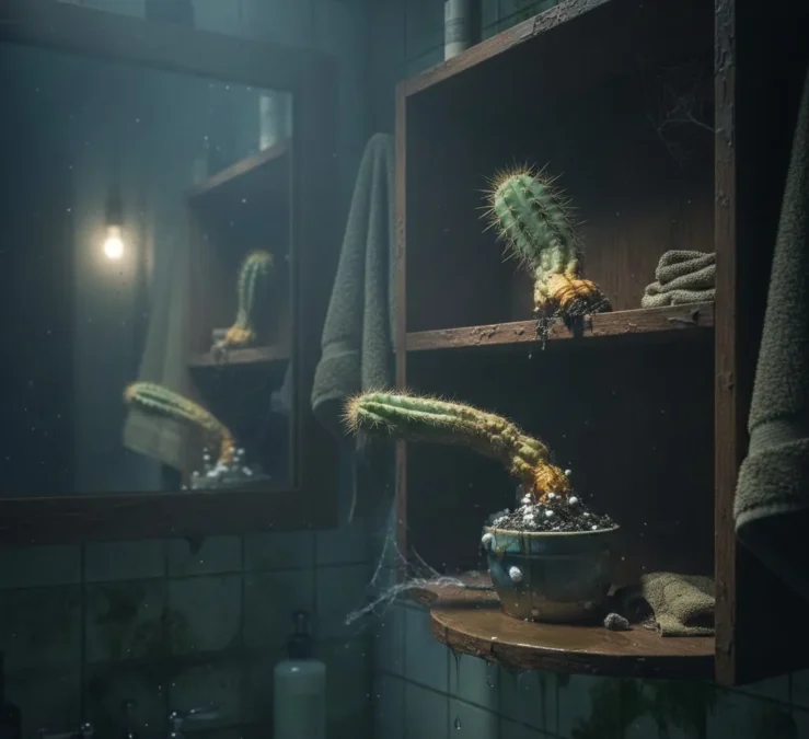 Cacto esticado e apodrecendo em vaso, dentro de um banheiro escuro e úmido, com teias de aranha e espelhos embaçados, simbolizando a falta de luz e excesso de umidade.