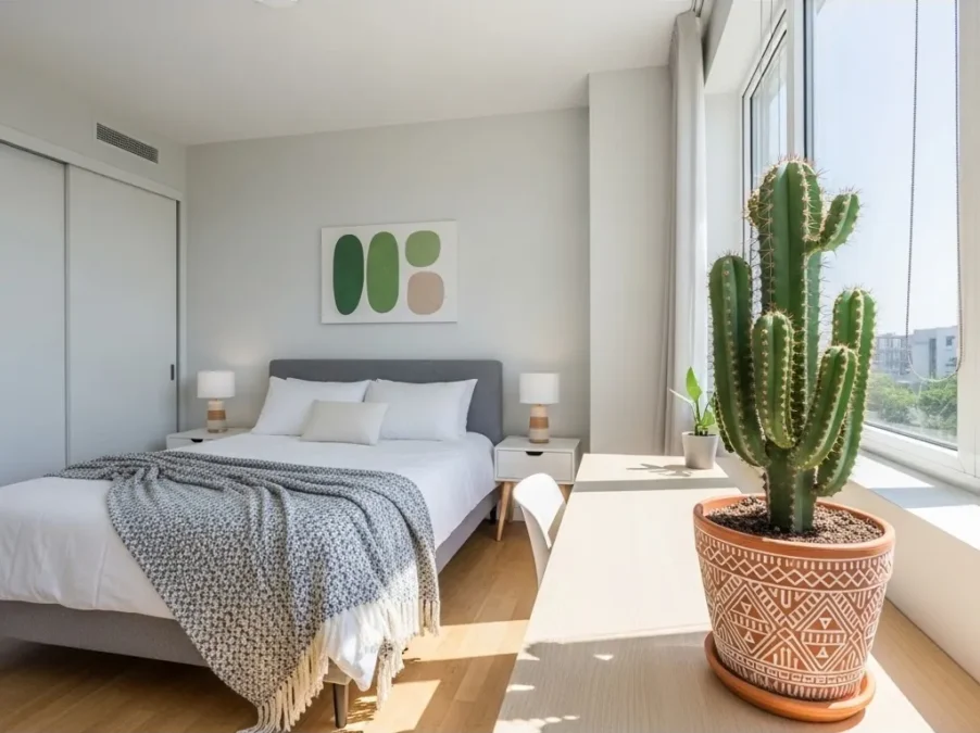 Um cacto grande e saudável em um vaso de cerâmica decorado, posicionado sobre uma mesa de madeira ao lado de uma janela com muita luz solar em um quarto moderno.