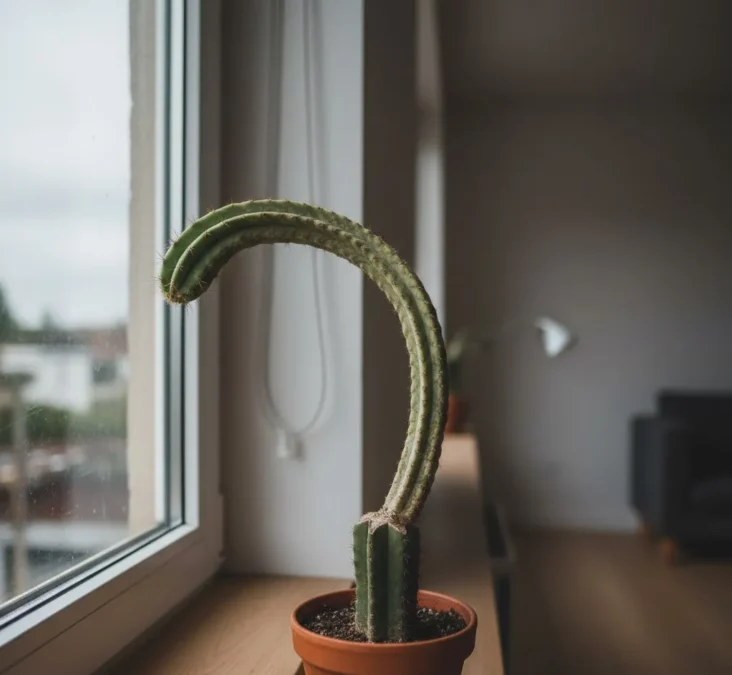 Cacto esticado e curvado em formato de interrogação, buscando a luz de uma janela em um ambiente interno, com caule afinado e coloração verde-claro.