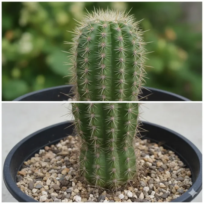 Montagem mostrando a diferença entre um cacto com crescimento normal (em cima) e a base de um cacto sofrendo com a falta de luz (em baixo).