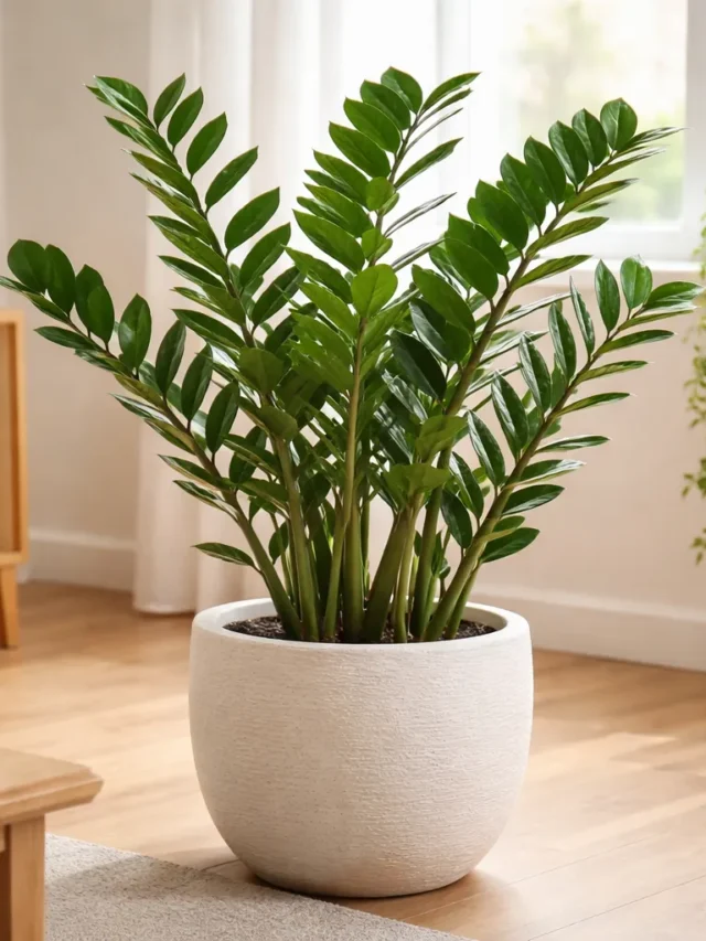 Planta zamioculca em vaso branco decorativo posicionada em sala moderna com luz indireta natural